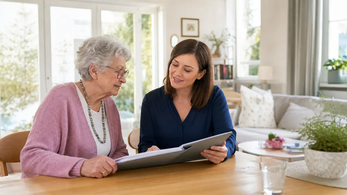 Pflegekraft spricht mit einer Seniorin zu Hause über Unterstützung im Alltag