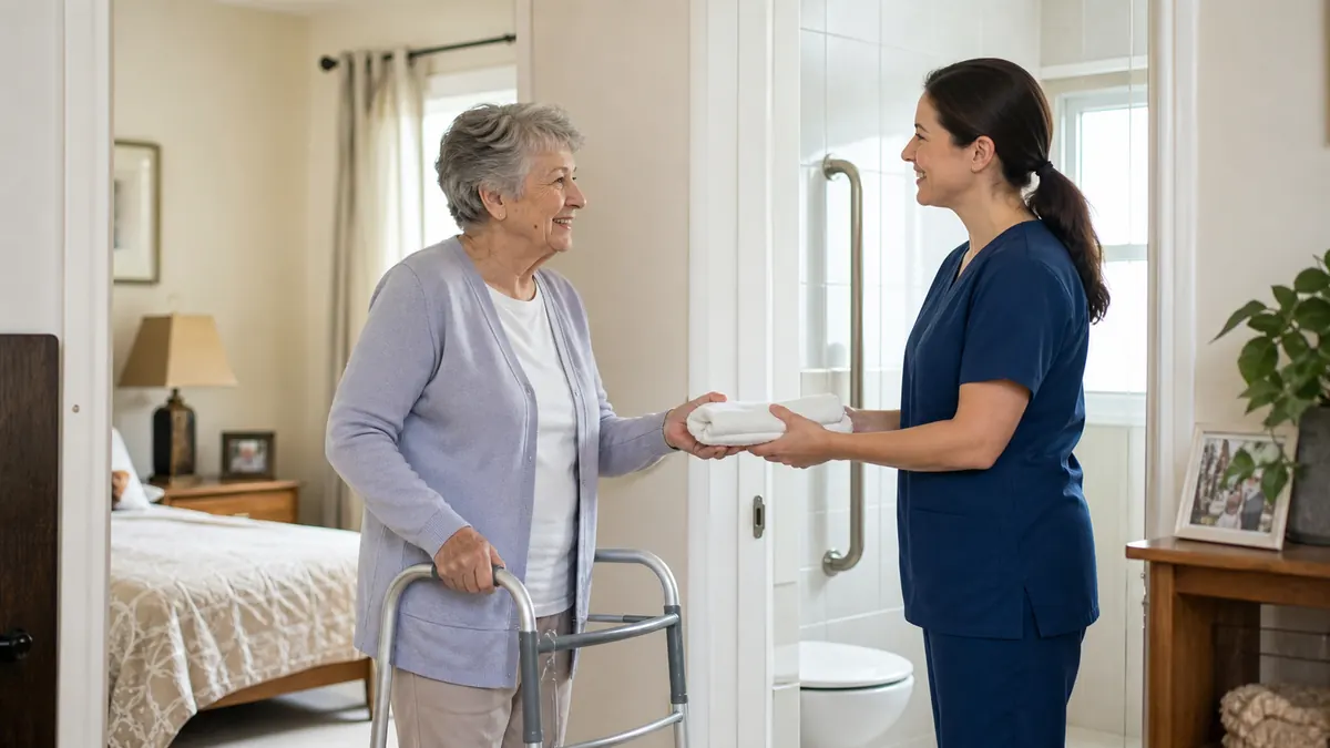 Pflegekraft unterstützt eine Seniorin respektvoll bei der Morgenroutine