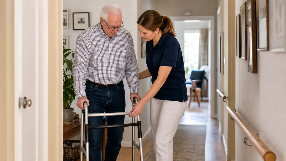 Pflegekraft achtet mit einer Seniorin auf sichere Wege in der Wohnung