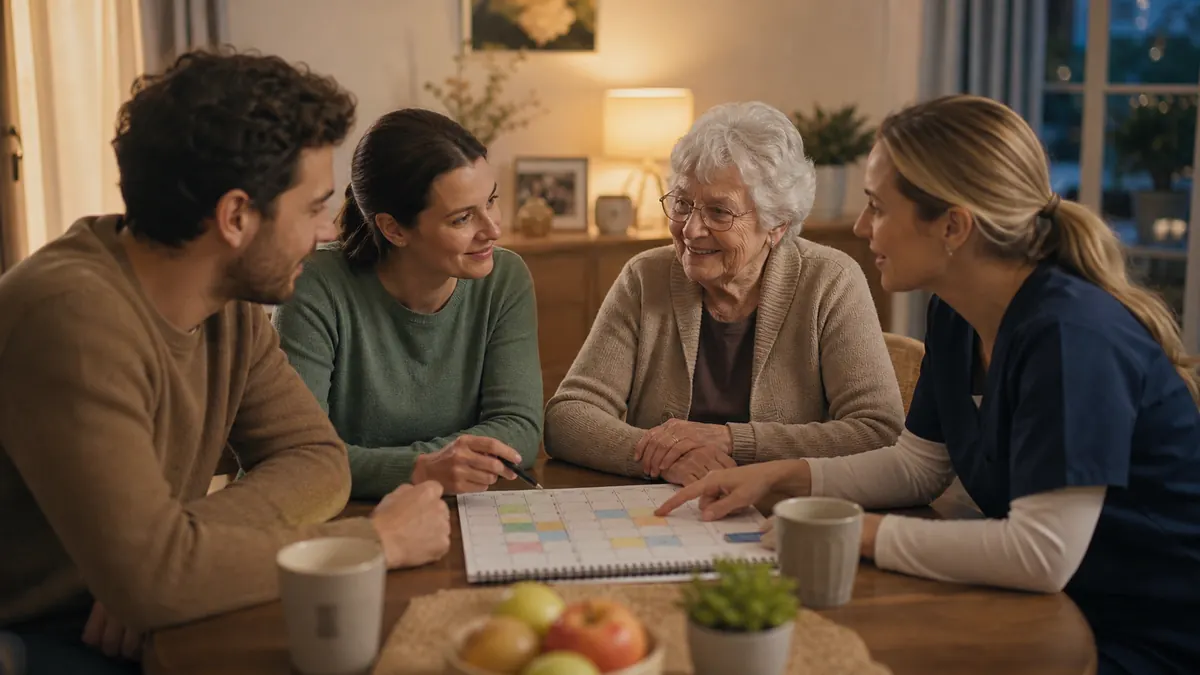 Familie und Pflegekraft besprechen gemeinsam einen Pflegeplan