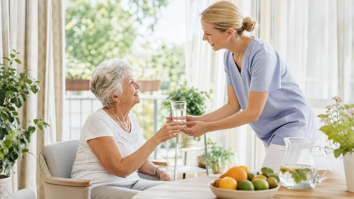 Pflegekraft reicht einer Seniorin im Sommer ein Glas Wasser